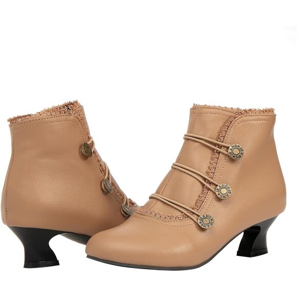 Women's Nude Ankle Boots Low Heels Lace Buttons Round Toe Side Zipper - Picture 7 of 7